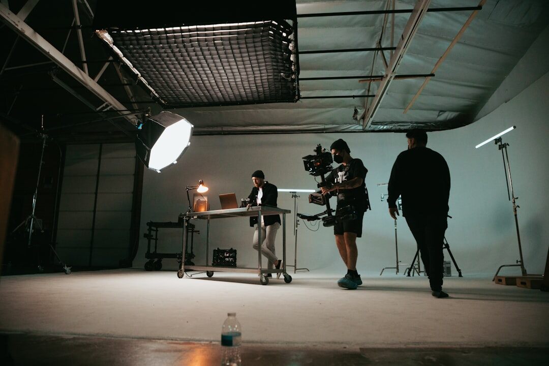 Interview studio setup with cameras and lighting